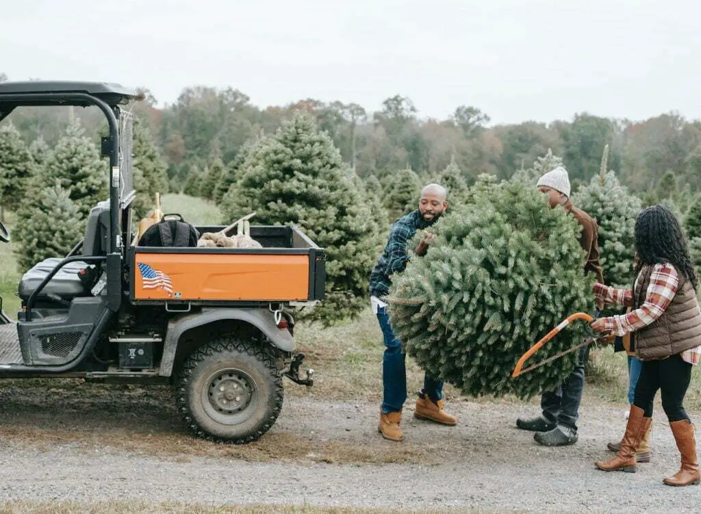 family carrying fir tree near atv on farm